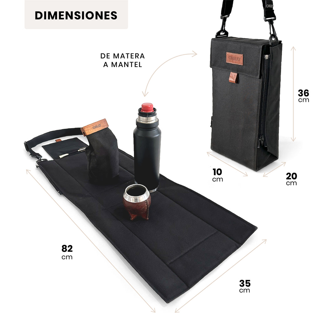 Dimensiones de la matera Chilly negro cerrado y como mantel desplegado