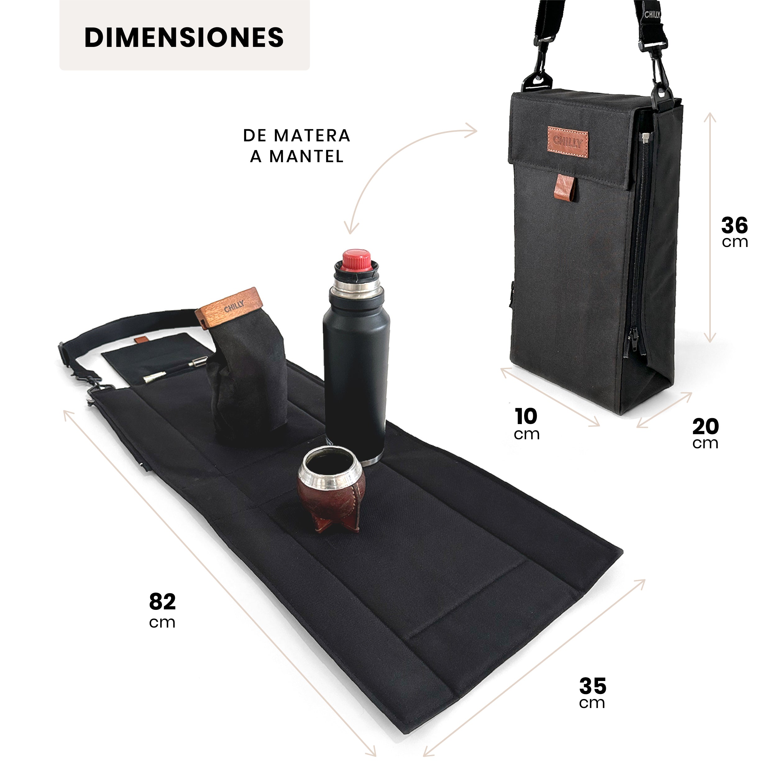 Dimensiones de la matera Chilly negro cerrado y como mantel desplegado