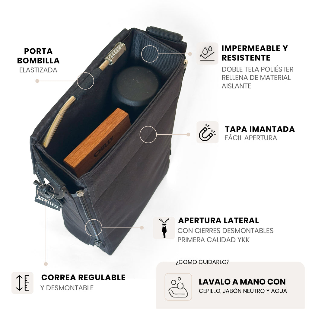 Interior del bolso matero Chilly con porta bombilla, tapa imantada y cierres YKK