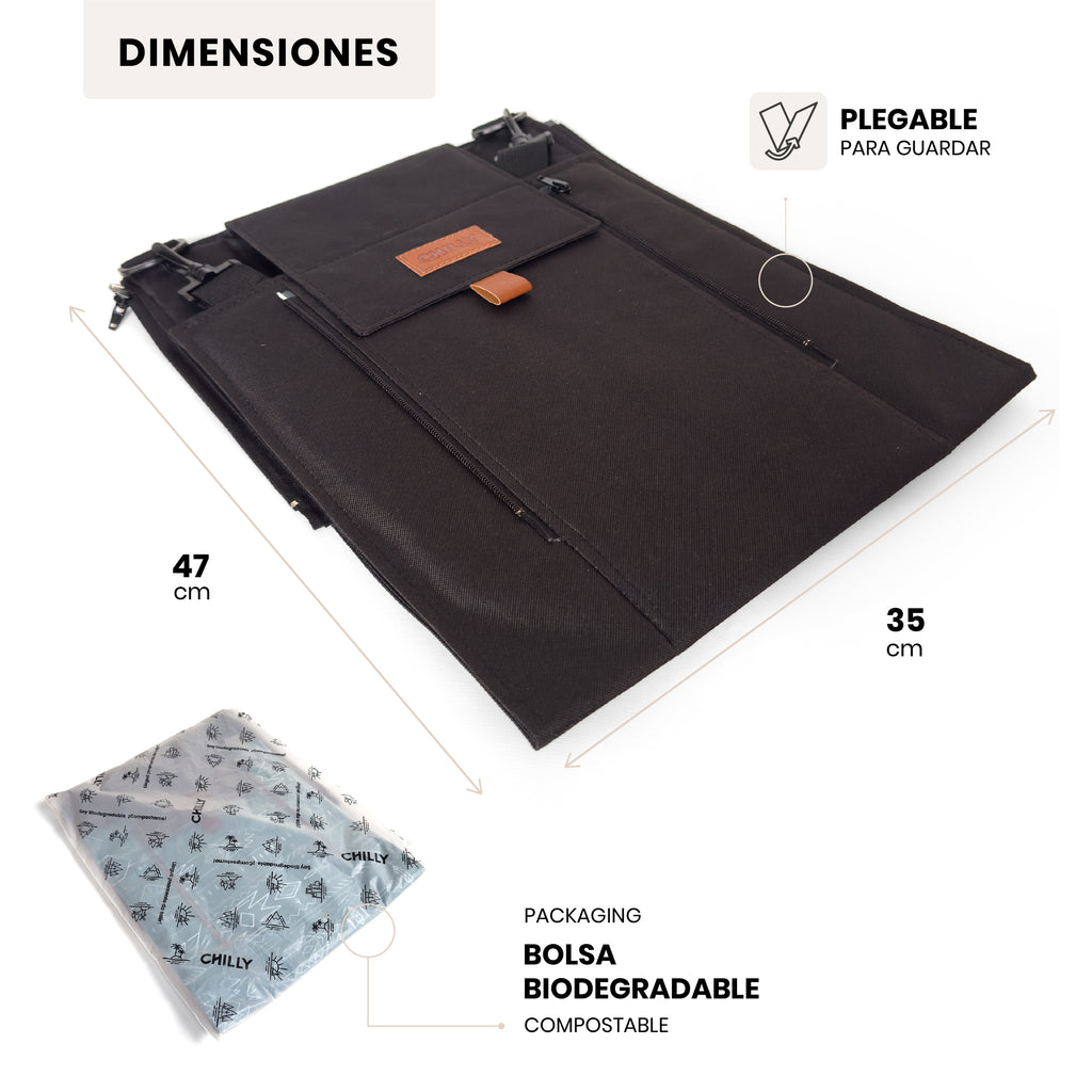 Bolso matero Chilly negro plegado con packaging biodegradable compostable