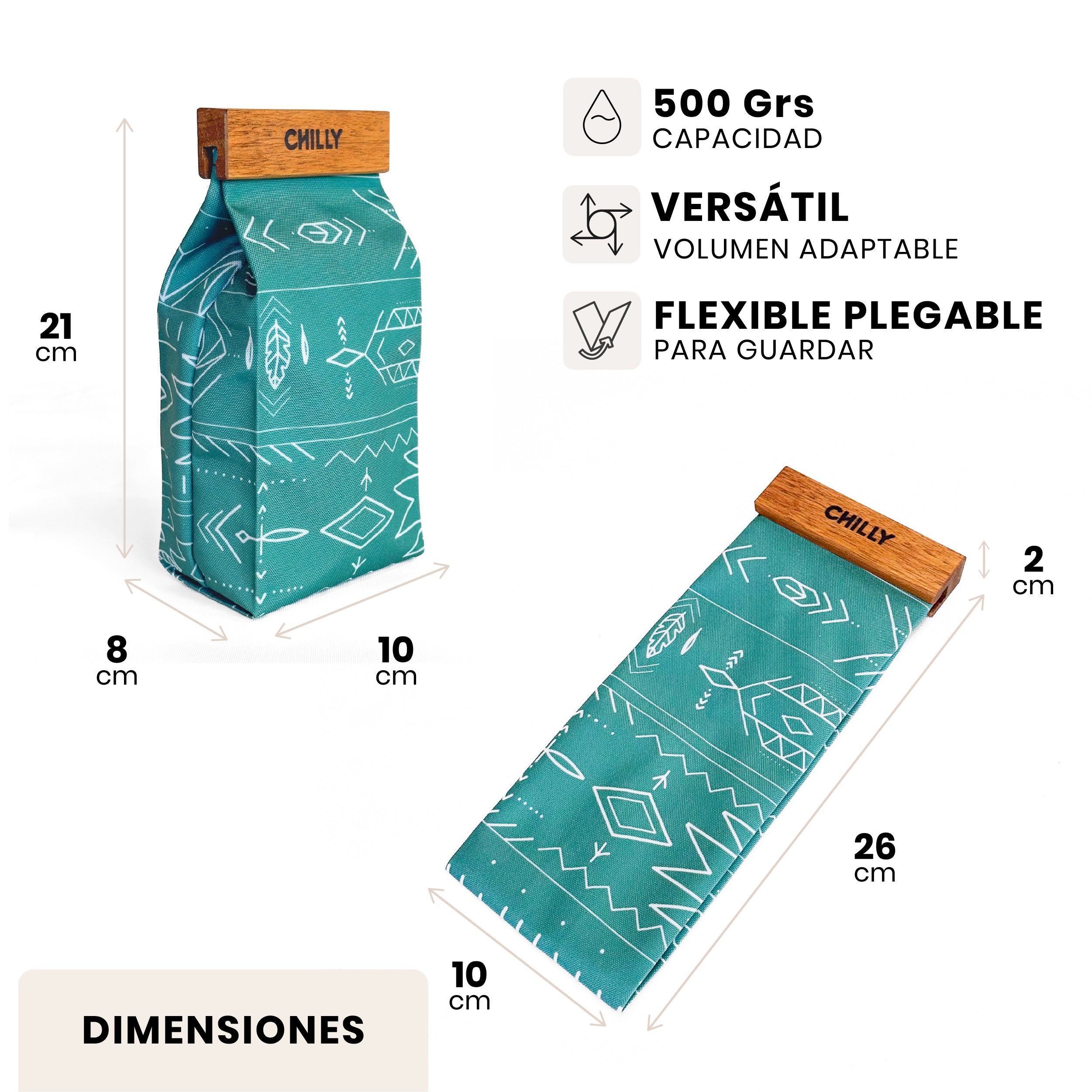 Dimensiones y capacidad de la yerbera de tela Indie 500gr Chilly