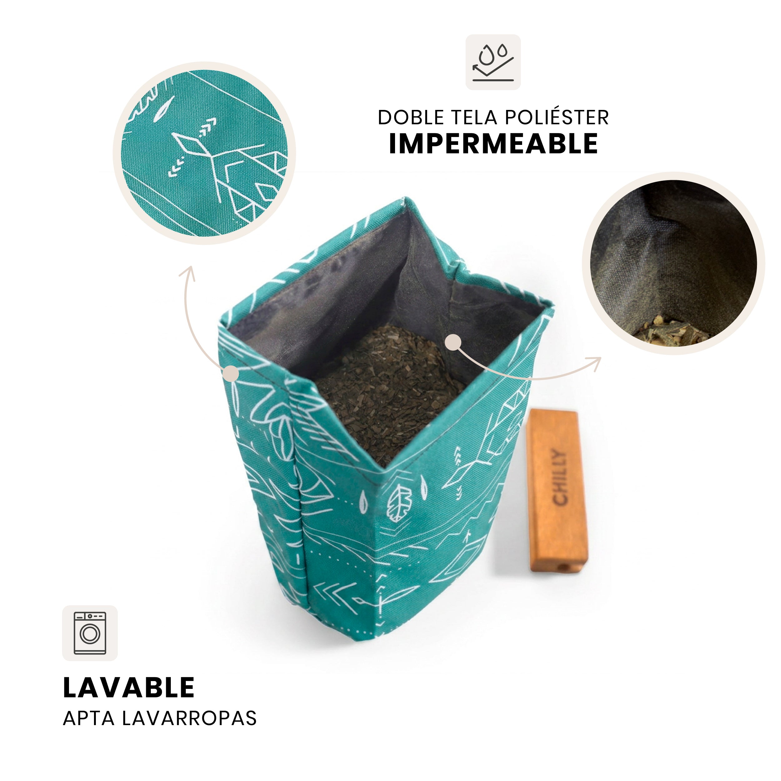 Interior impermeable y lavable de la yerbera de tela Indie