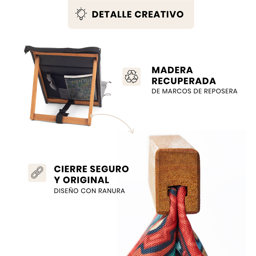 Detalle de madera recuperada de reposeras en el cierre de la yerbera Chilly