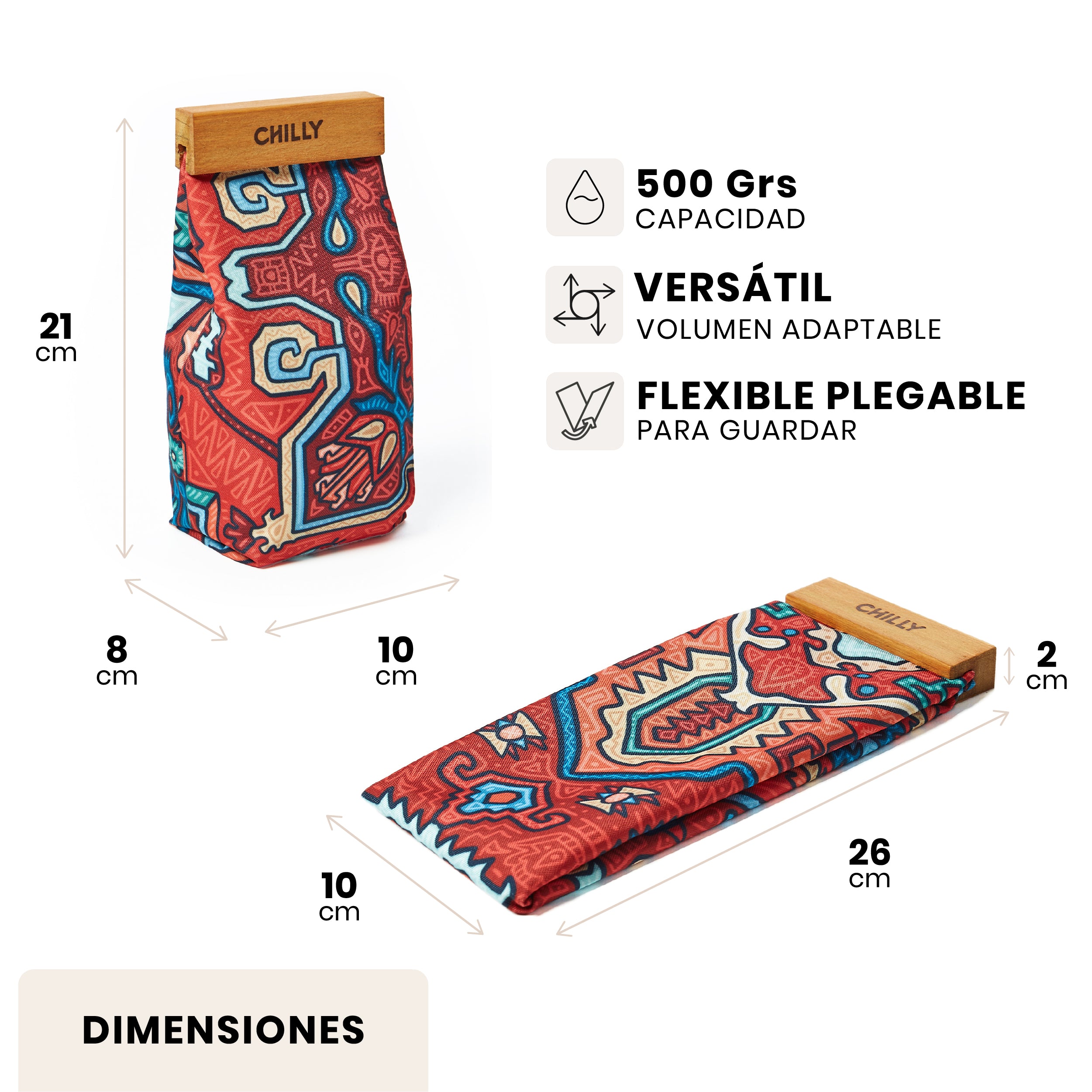 Dimensiones y capacidad de la yerbera de tela Bohemia 500gr